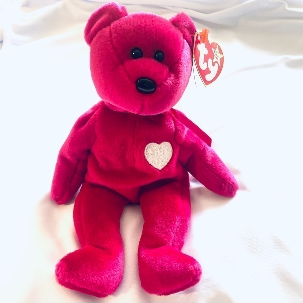 NWT - TY Beanie Babies "Valentina" Bear Plush Small Soft Toy 9" Pink White Heart